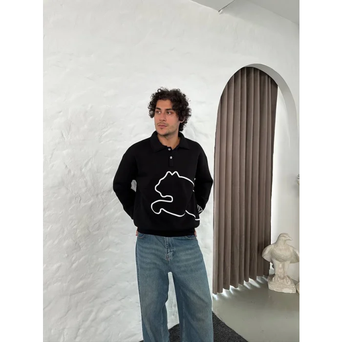Siyah PM Polo Yaka Unisex Oversize Sweat