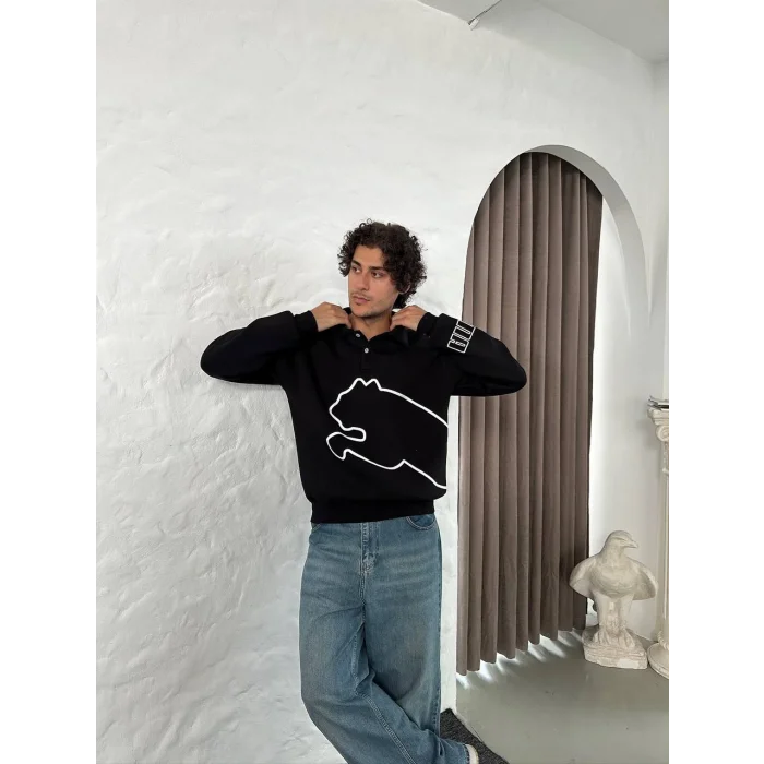 Siyah PM Polo Yaka Unisex Oversize Sweat