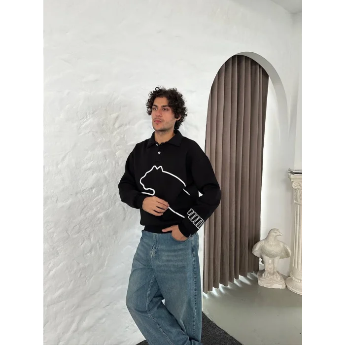 Siyah PM Polo Yaka Unisex Oversize Sweat