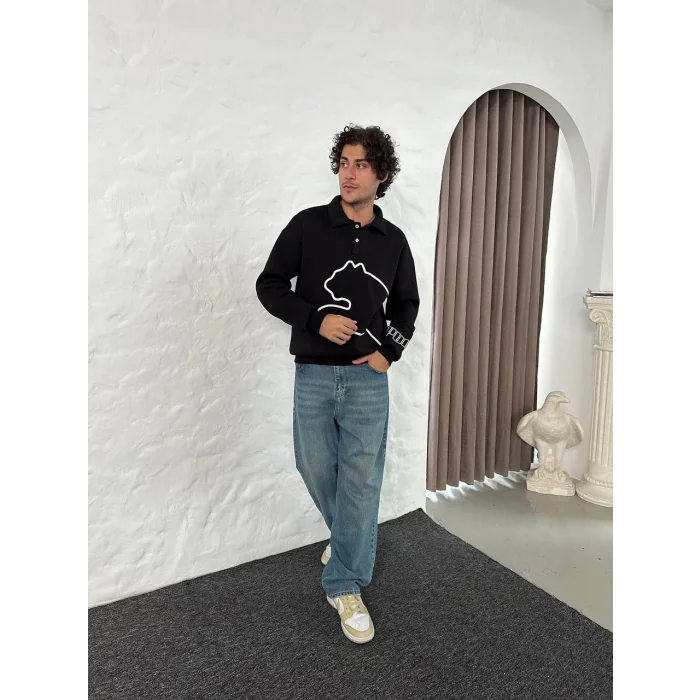Siyah PM Polo Yaka Unisex Oversize Sweat
