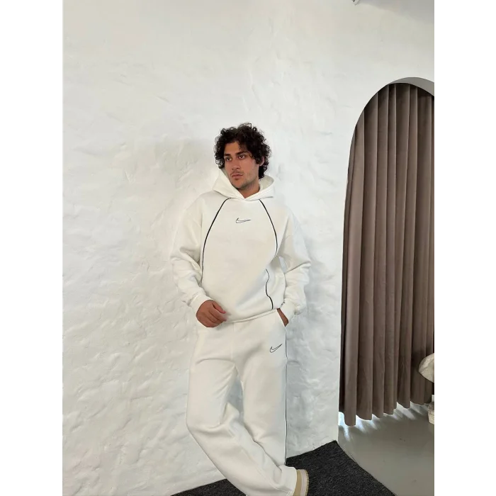 Beyaz NK Biyeli Oversize Eşofman Takımı