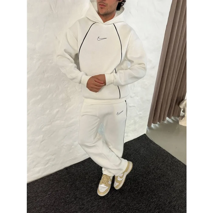 Beyaz NK Biyeli Oversize Eşofman Takımı