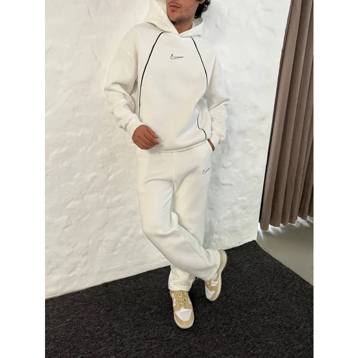 Beyaz NK Biyeli Oversize Eşofman Takımı