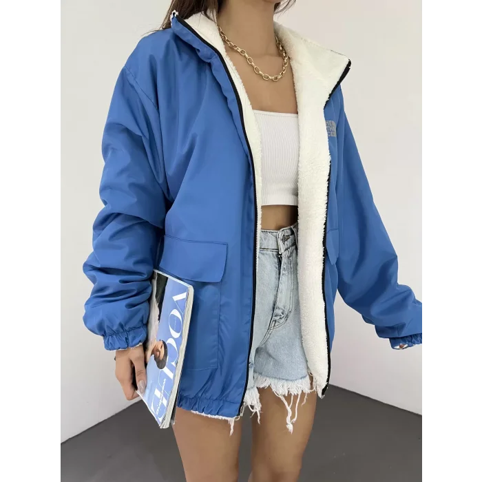 Mavi Çift Taraflı Giyilebilir Kürklü Mont