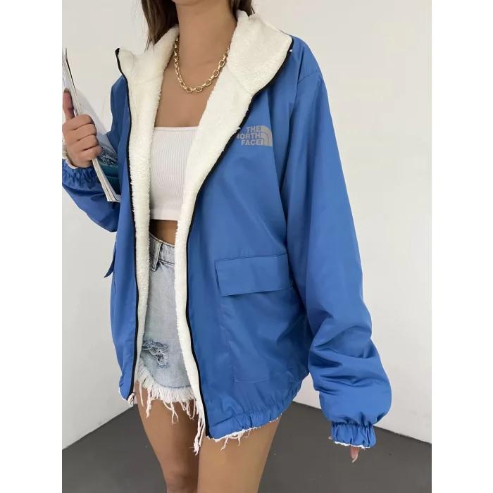 Mavi Çift Taraflı Giyilebilir Kürklü Mont