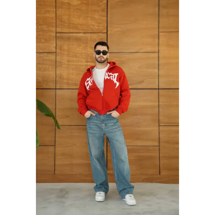 Kırmızı Synical Kapşonlu Unisex Oversize Sweat