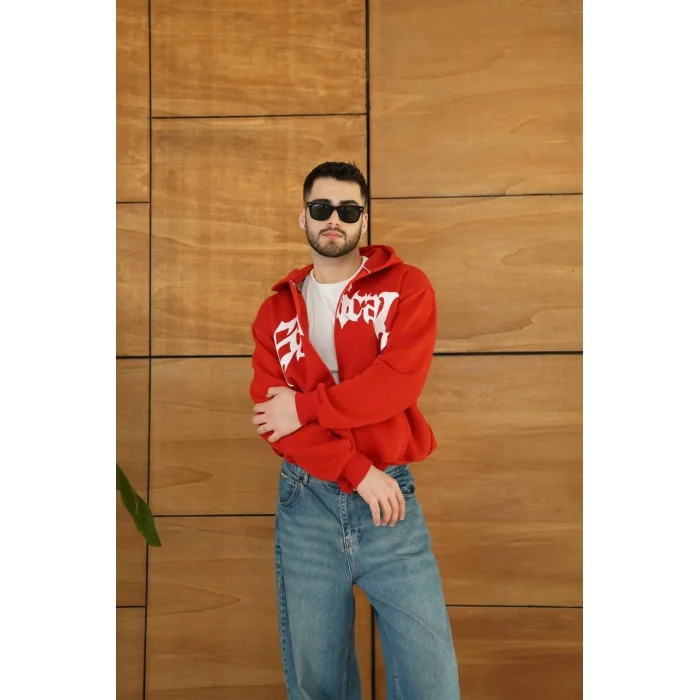 Kırmızı Synical Kapşonlu Unisex Oversize Sweat