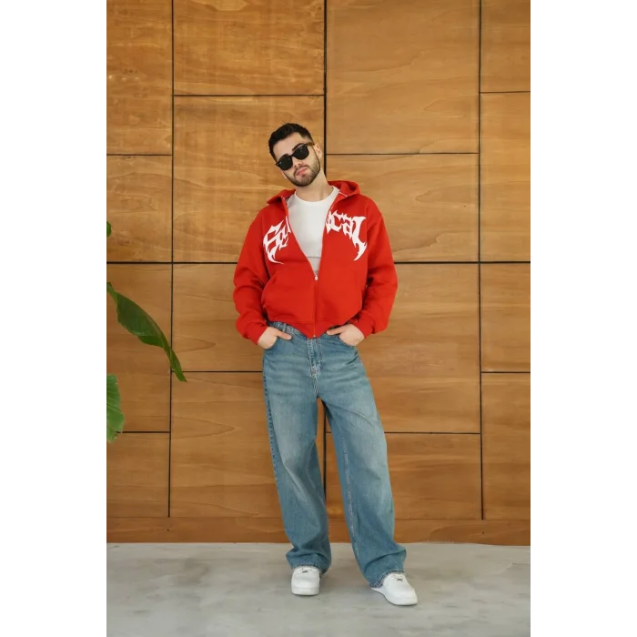 Kırmızı Synical Kapşonlu Unisex Oversize Sweat