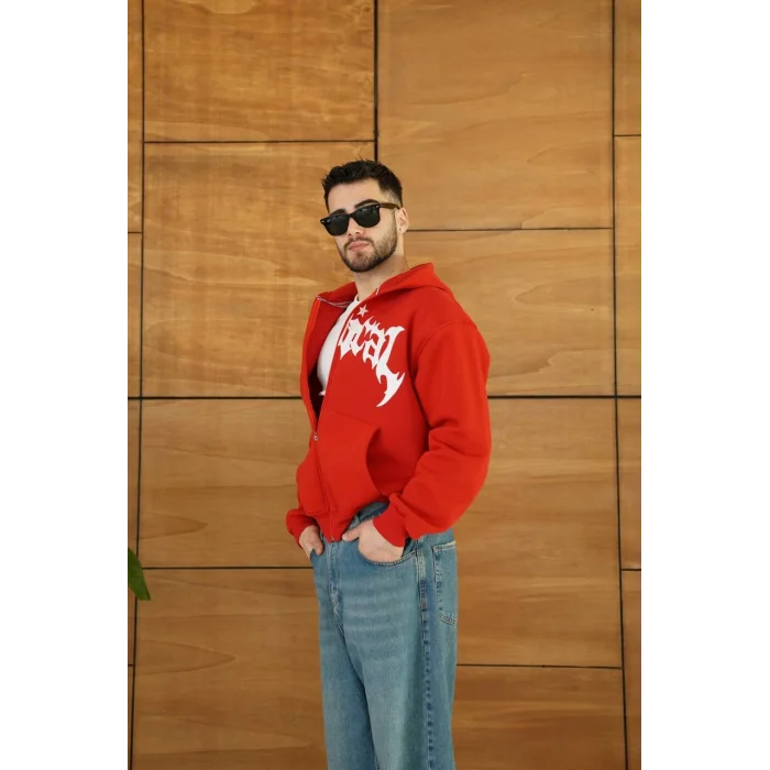 Kırmızı Synical Kapşonlu Unisex Oversize Sweat