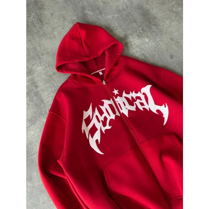 Kırmızı Synical Kapşonlu Unisex Oversize Sweat