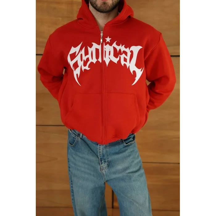 Kırmızı Synical Kapşonlu Unisex Oversize Sweat