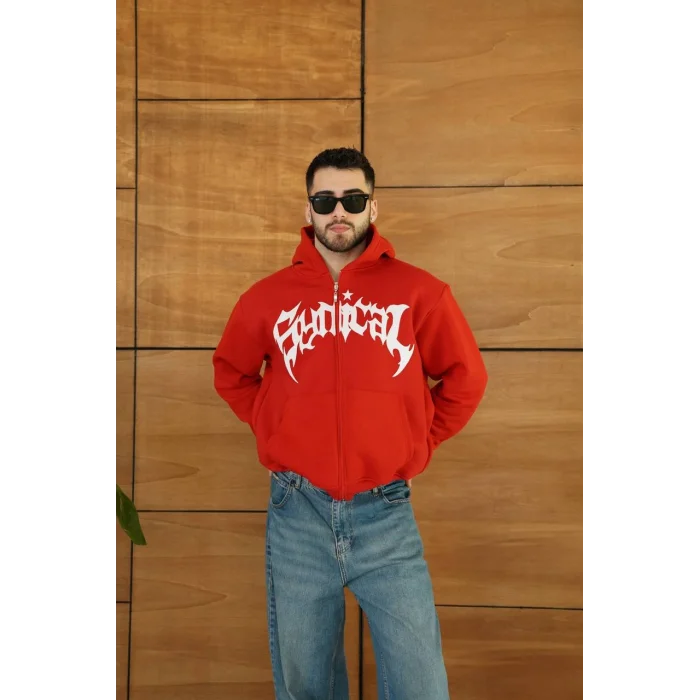 Kırmızı Synical Kapşonlu Unisex Oversize Sweat