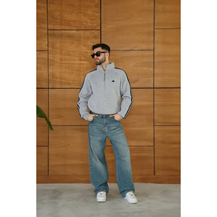 Gri ADD Fermuar Yaka Unisex Oversize Sweat