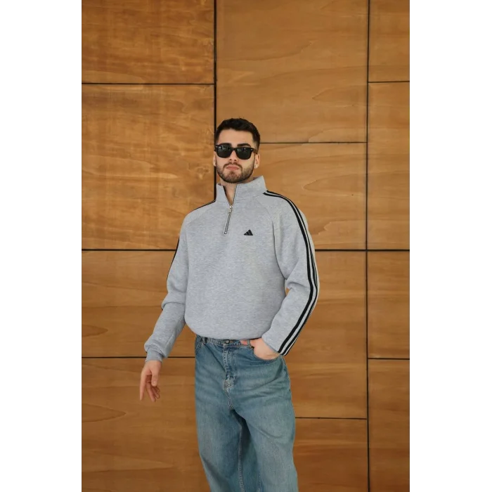 Gri ADD Fermuar Yaka Unisex Oversize Sweat