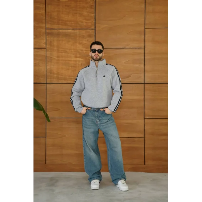 Gri ADD Fermuar Yaka Unisex Oversize Sweat