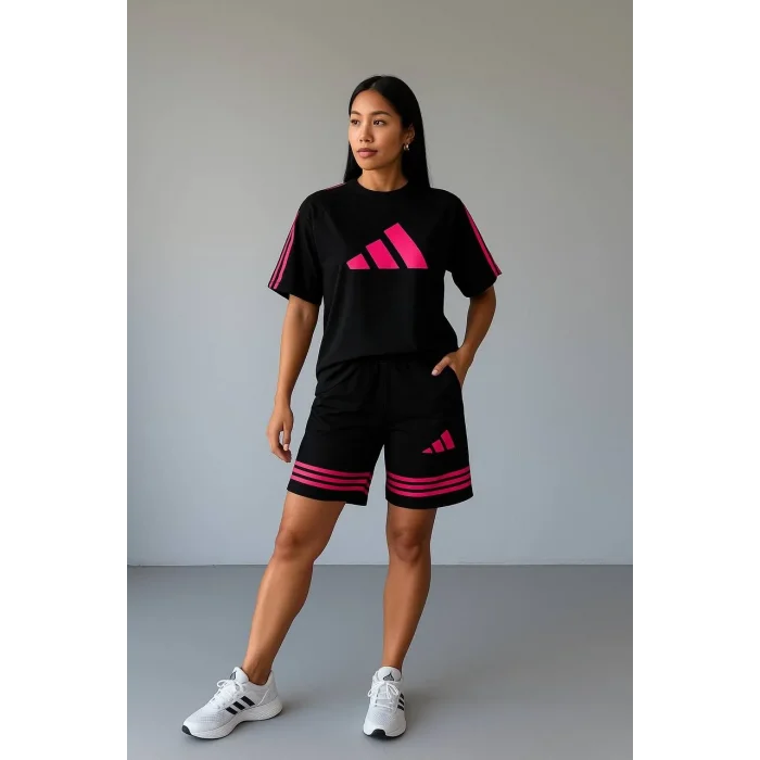 Siyah ADD Fuşya Çizgili Oversize Unisex Şortlu Takım