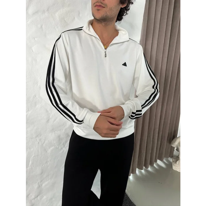Beyaz ADD Üç Şerit Fermuar Yaka Unisex Oversize Sweat