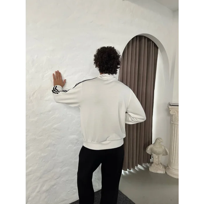 Beyaz ADD Üç Şerit Fermuar Yaka Unisex Oversize Sweat
