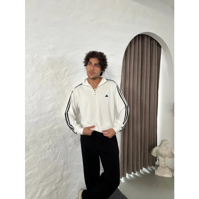 Beyaz ADD Üç Şerit Fermuar Yaka Unisex Oversize Sweat