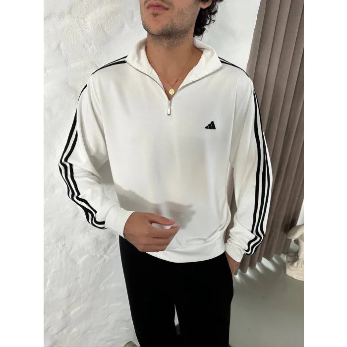 Beyaz ADD Üç Şerit Fermuar Yaka Unisex Oversize Sweat
