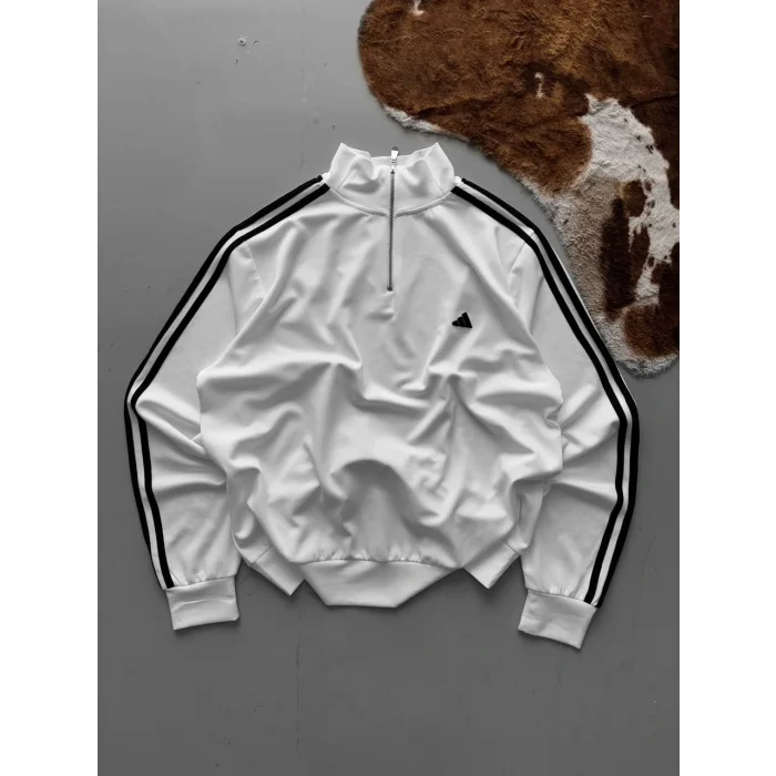 Beyaz ADD Üç Şerit Fermuar Yaka Unisex Oversize Sweat