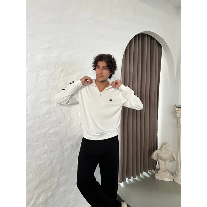 Beyaz ADD Üç Şerit Fermuar Yaka Unisex Oversize Sweat