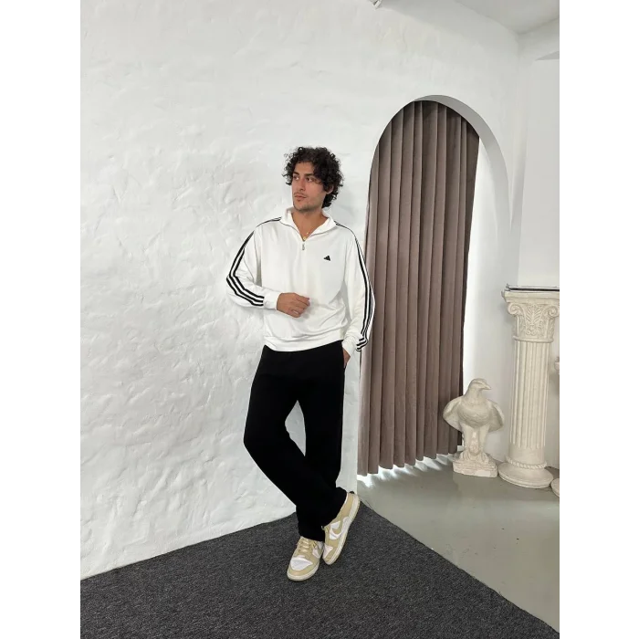 Beyaz ADD Üç Şerit Fermuar Yaka Unisex Oversize Sweat