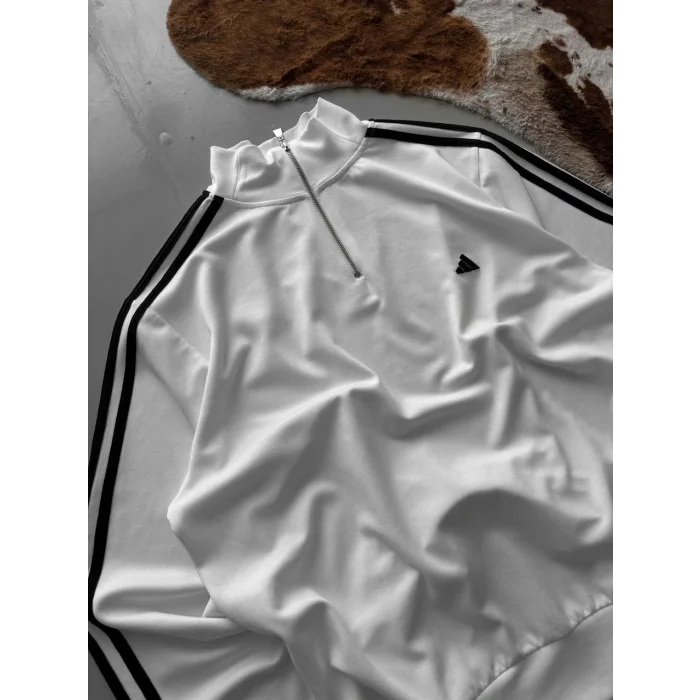 Beyaz ADD Üç Şerit Fermuar Yaka Unisex Oversize Sweat
