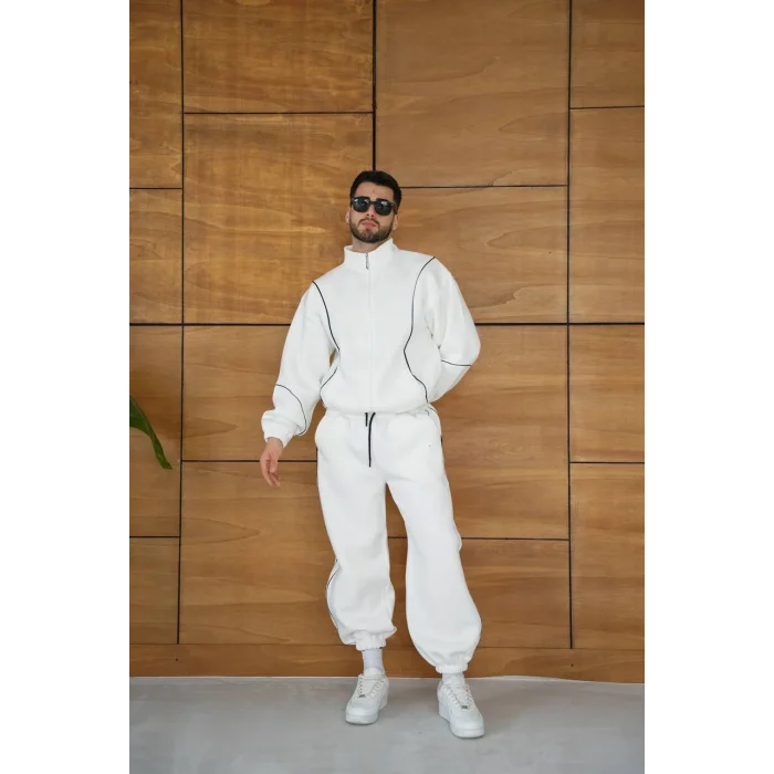 Beyaz Basic Biyeli Oversize Eşofman Takımı