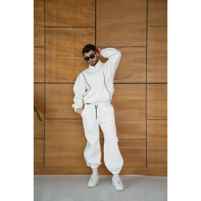 Beyaz Basic Biyeli Oversize Eşofman Takımı