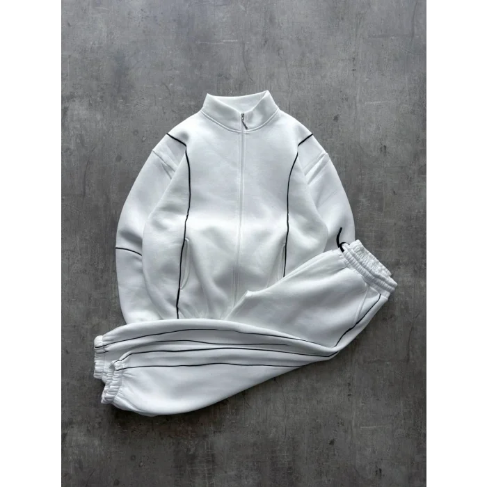 Beyaz Basic Biyeli Oversize Eşofman Takımı