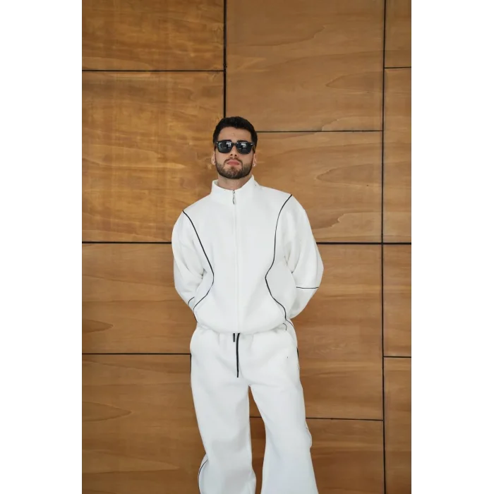 Beyaz Basic Biyeli Oversize Eşofman Takımı