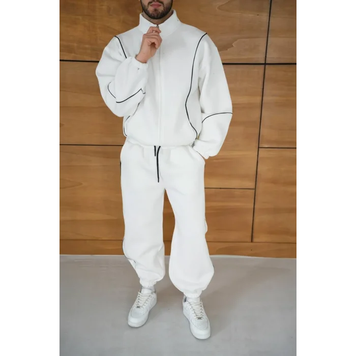 Beyaz Basic Biyeli Oversize Eşofman Takımı