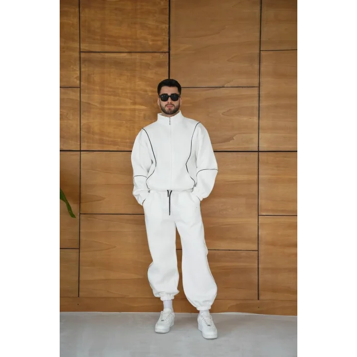 Beyaz Basic Biyeli Oversize Eşofman Takımı