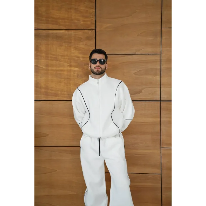 Beyaz Basic Biyeli Oversize Eşofman Takımı