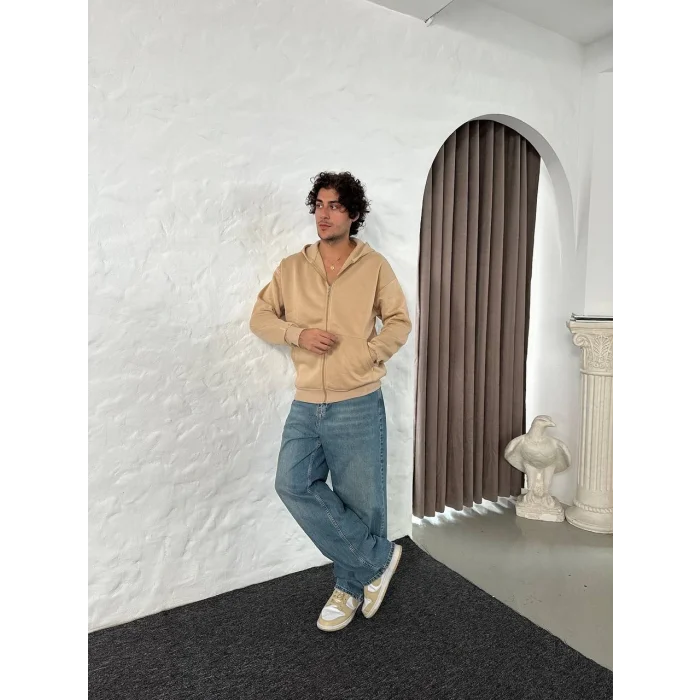 Bej Basic Kapşonlu Unisex Oversize Sweat