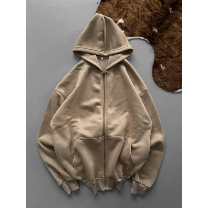 Bej Basic Kapşonlu Unisex Oversize Sweat