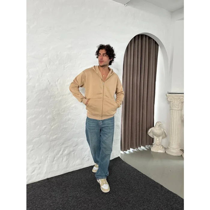 Bej Basic Kapşonlu Unisex Oversize Sweat