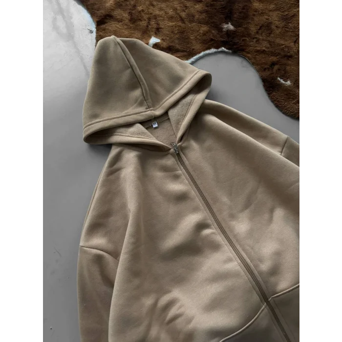 Bej Basic Kapşonlu Unisex Oversize Sweat