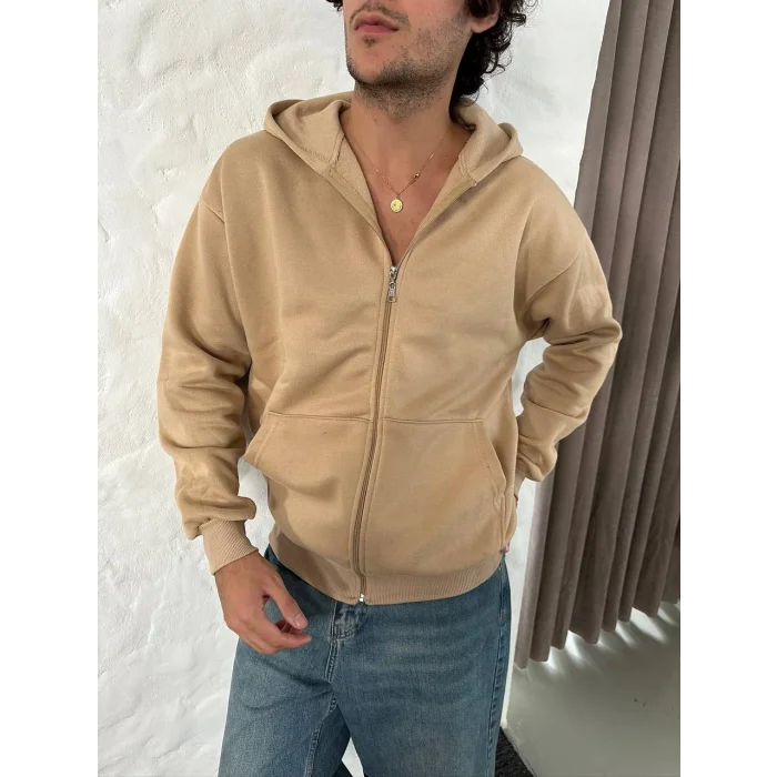 Bej Basic Kapşonlu Unisex Oversize Sweat