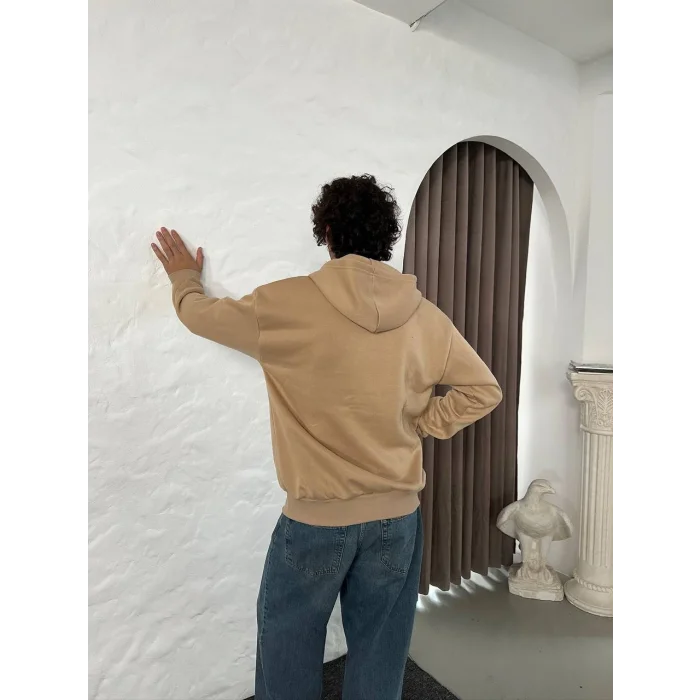 Bej Basic Kapşonlu Unisex Oversize Sweat