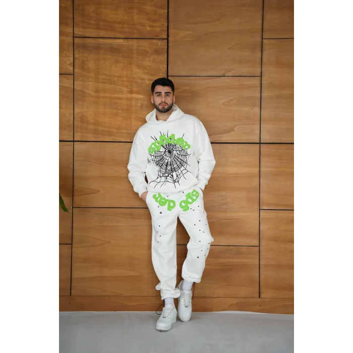 Beyaz SP5DER Kapşonlu Unisex Oversize Eşofman Takımı