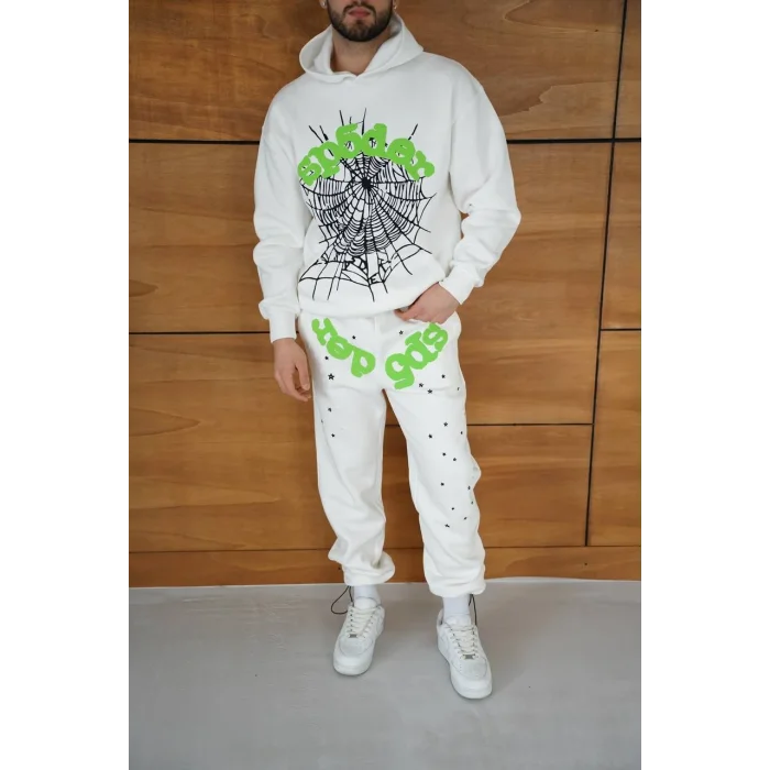 Beyaz SP5DER Kapşonlu Unisex Oversize Eşofman Takımı