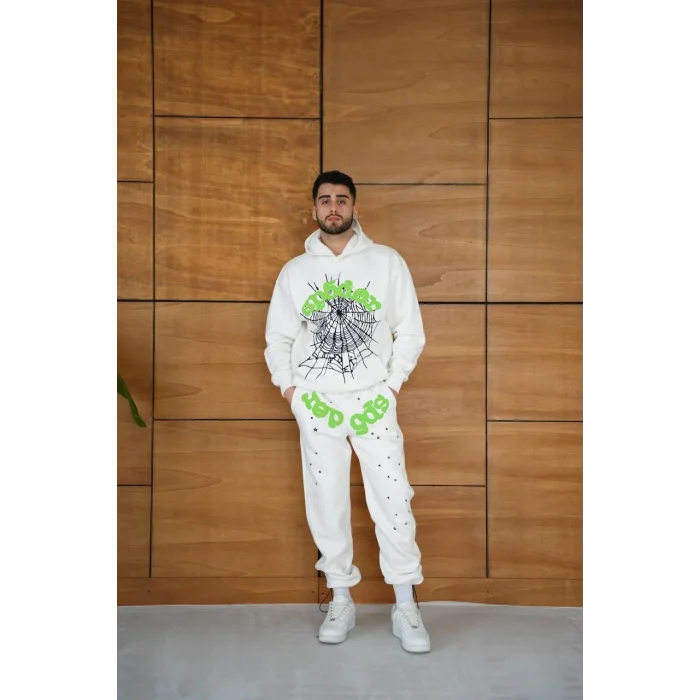 Beyaz SP5DER Kapşonlu Unisex Oversize Eşofman Takımı