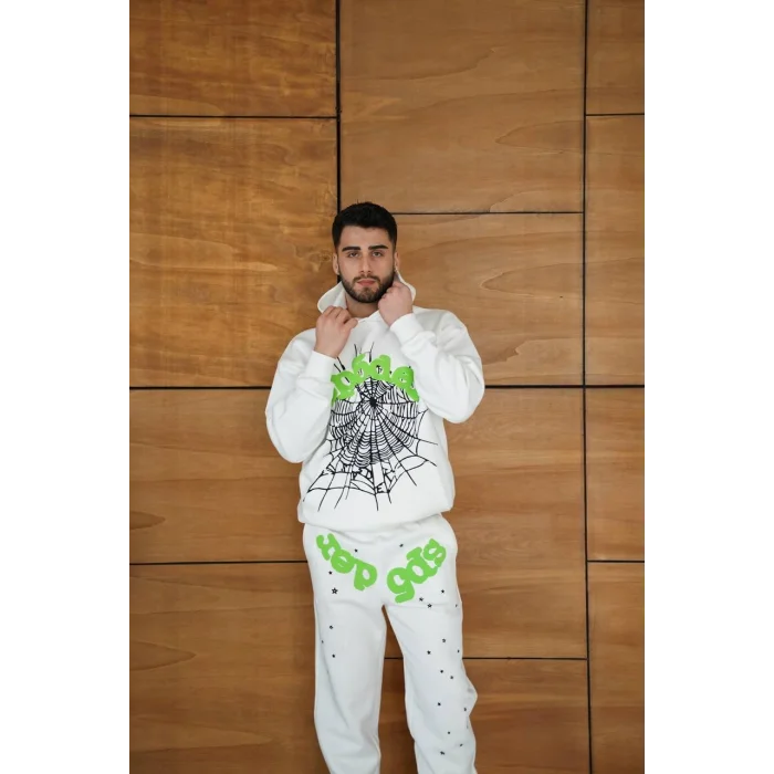 Beyaz SP5DER Kapşonlu Unisex Oversize Eşofman Takımı