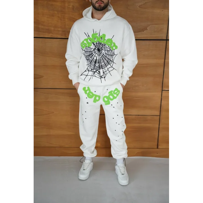 Beyaz SP5DER Kapşonlu Unisex Oversize Eşofman Takımı