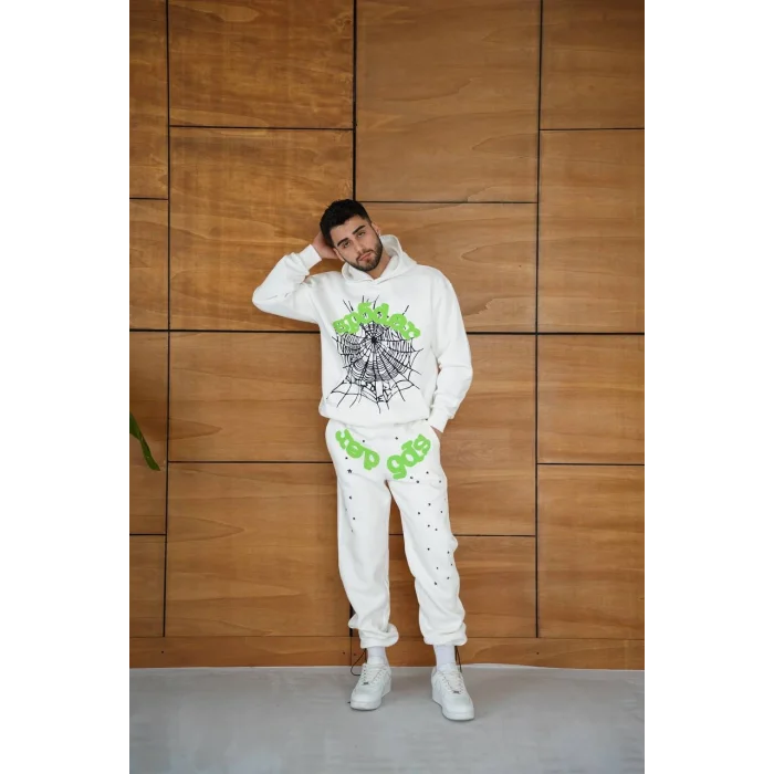 Beyaz SP5DER Kapşonlu Unisex Oversize Eşofman Takımı