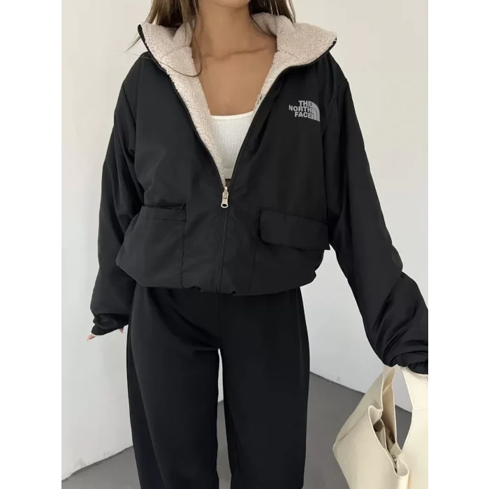 Siyah Çift Taraflı Giyilebilir Kürklü Mont