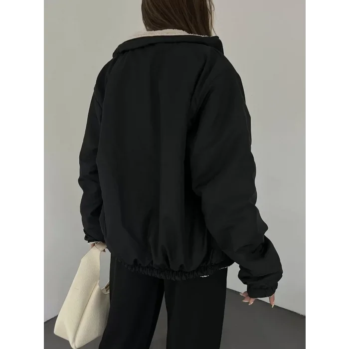 Siyah Çift Taraflı Giyilebilir Kürklü Mont