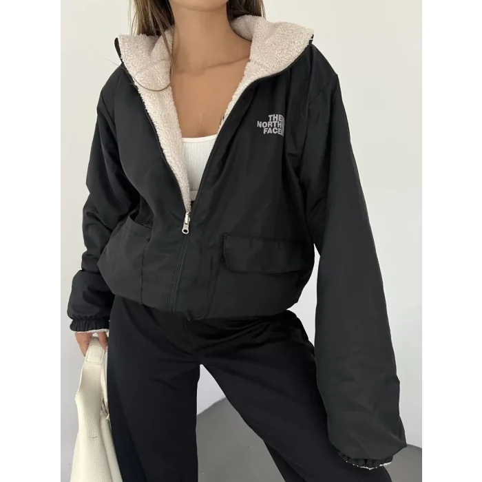 Siyah Çift Taraflı Giyilebilir Kürklü Mont